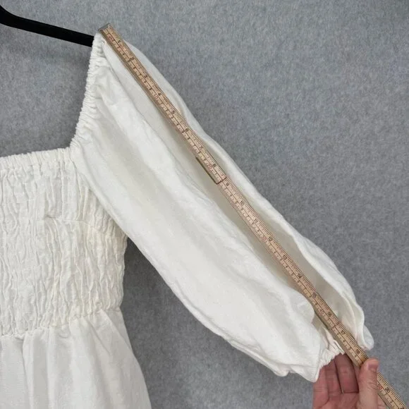 Tuckernuck Annie Linen Smocked Mini Dress Size S White Puff Sleeve Neutral Chic - Picture 11 of 11